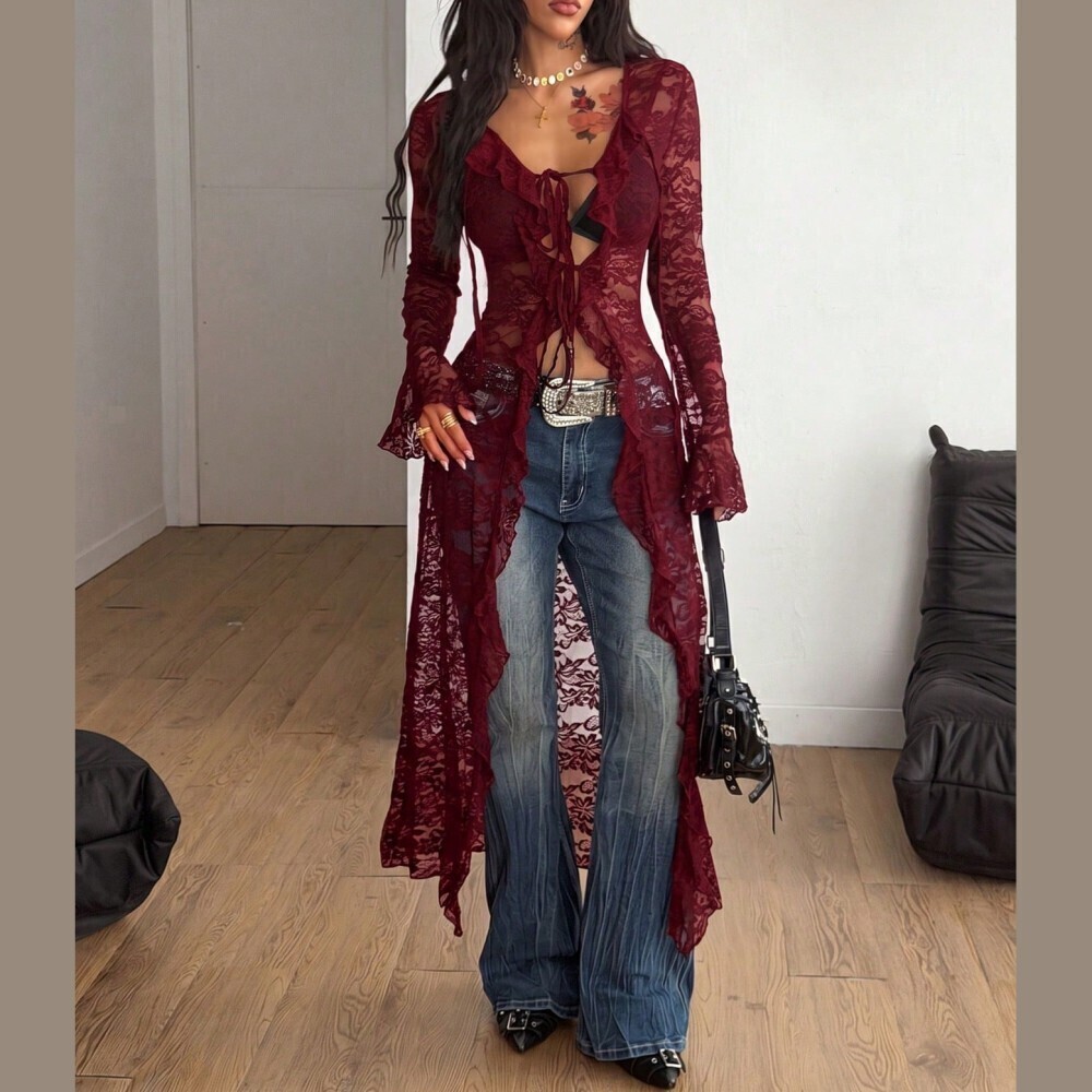 Burgundy Sheer Lace Duster with Tie Front and Ruffle Hem